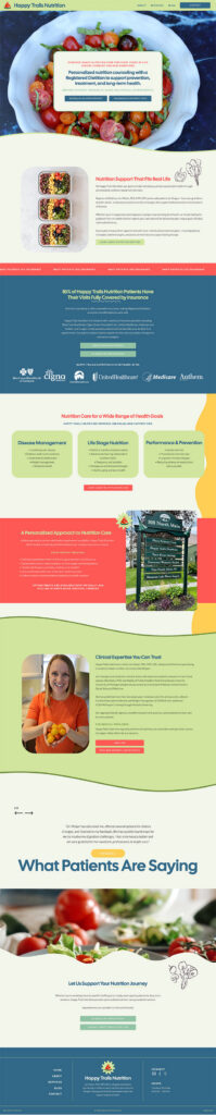 Tall healthcare webpage featuring healthy food, patient testimonials, a smiling woman, colorful informational sections, and a “What Patients Are Saying” banner.
