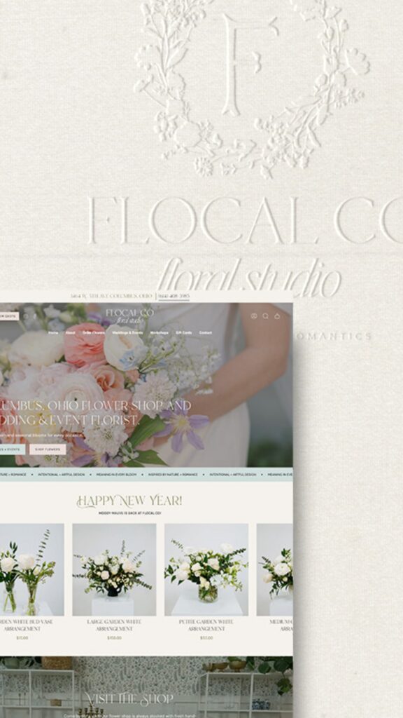 Elegant floral studio website with pastel bouquet photos, embossed “FLOCAL floral studio” branding, and a “Happy New Year!” product grid.