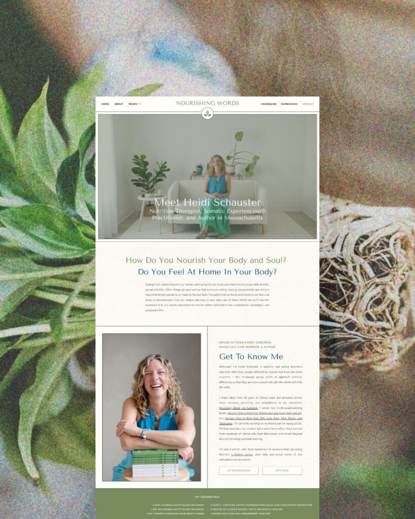 Wellness website featuring a smiling woman among plants, with sections about nourishing the body and soul, services, and personal introduction.