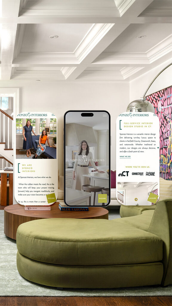 A modern living room with a green curved sofa and smartphone display, flanked by two AR-style panels showing a fashion campaign and product details.