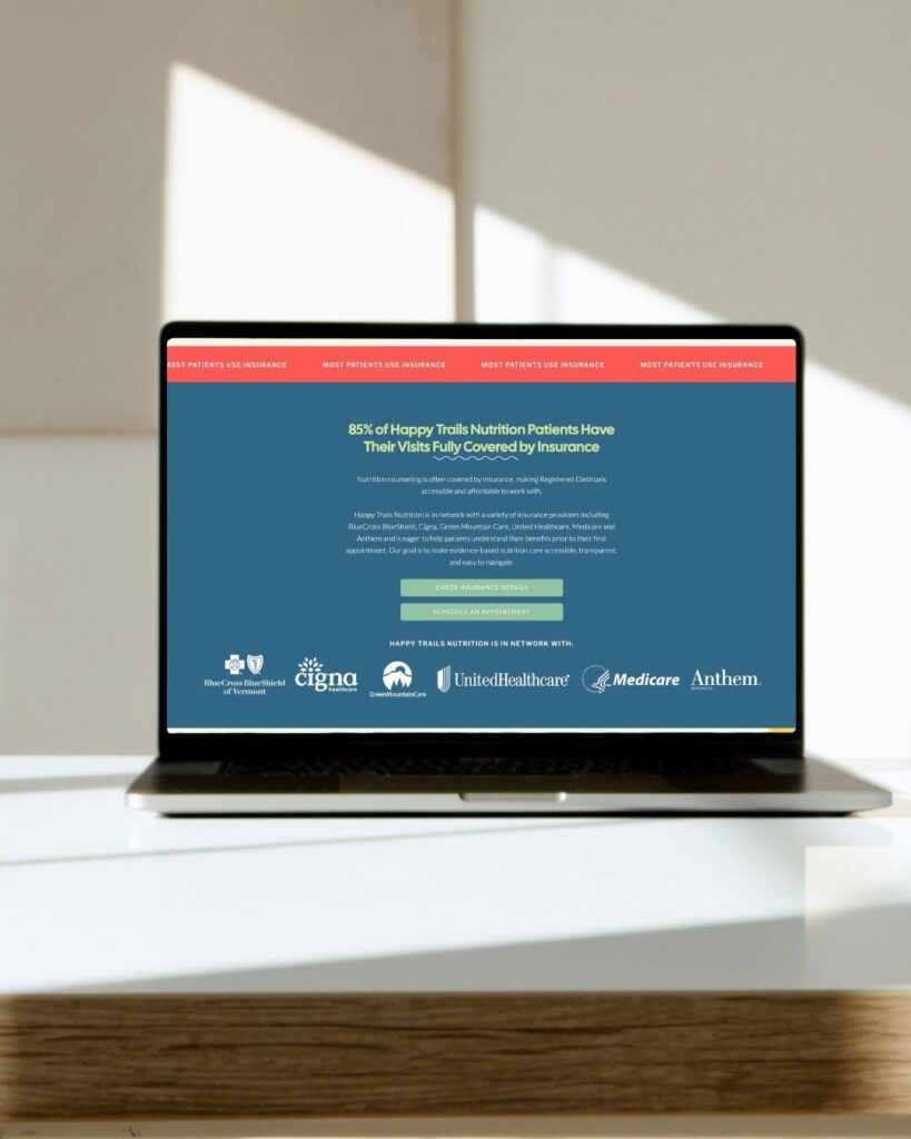 Sunlit laptop on a desk displays insurance-based nutrition website design with coverage statistics, green buttons, and insurer logos; clean, professional tone.