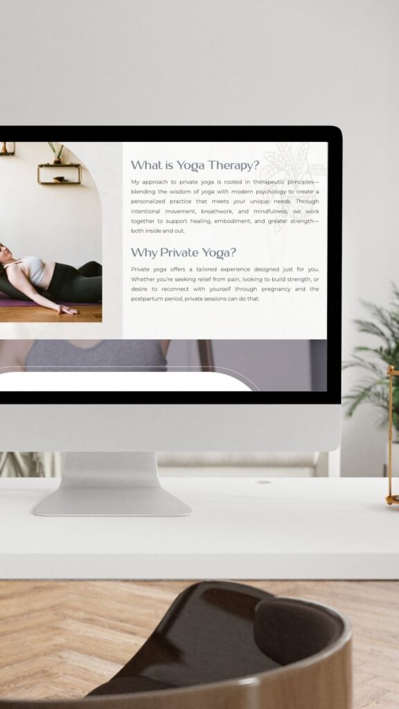 A computer screen shows a yoga therapist's website featuring services, testimonials, and contact information.
