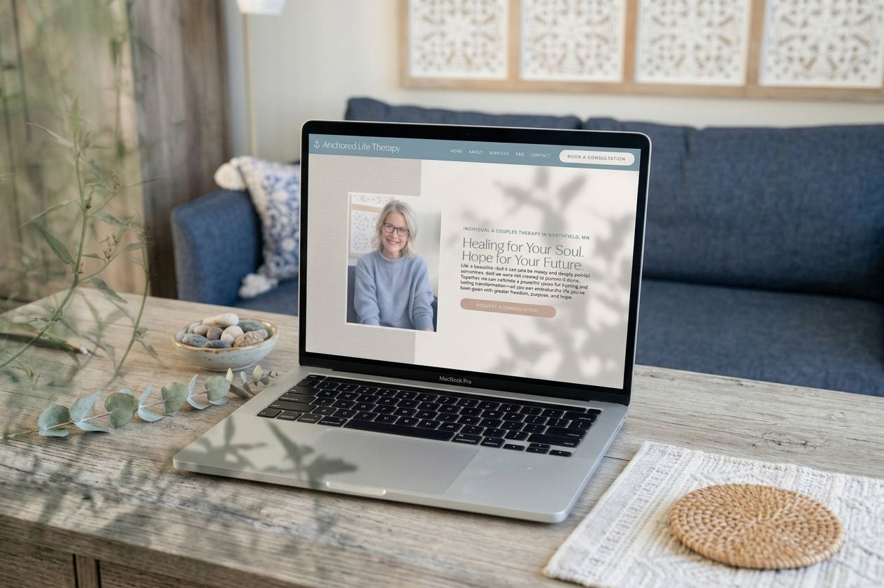 Laptop displaying a wellness website with a smiling woman’s portrait and healing message, set on a rustic table in a calm, sunlit room.