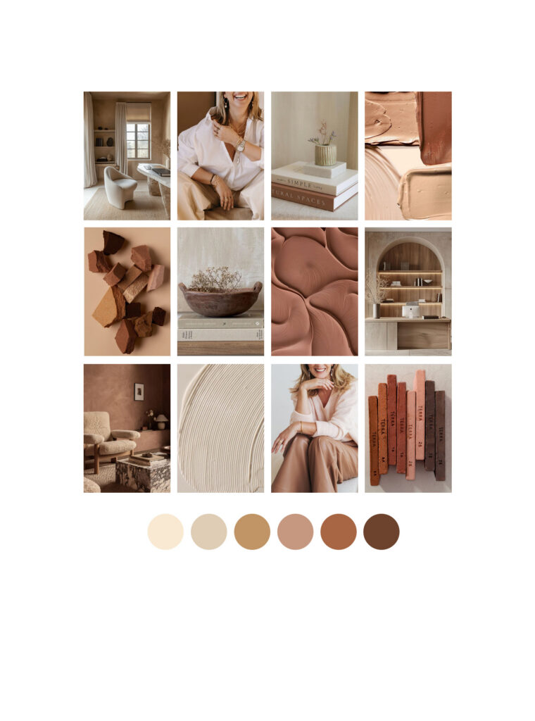 A warm beige-and-terracotta mood board pairs cozy interiors, women in soft neutral outfits, pottery, textiles, books, and six earthy color swatches.