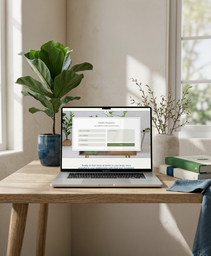 Bright home office with laptop displaying an online form, leafy plants, books, and sunlight through a window, creating a calm, welcoming mood.