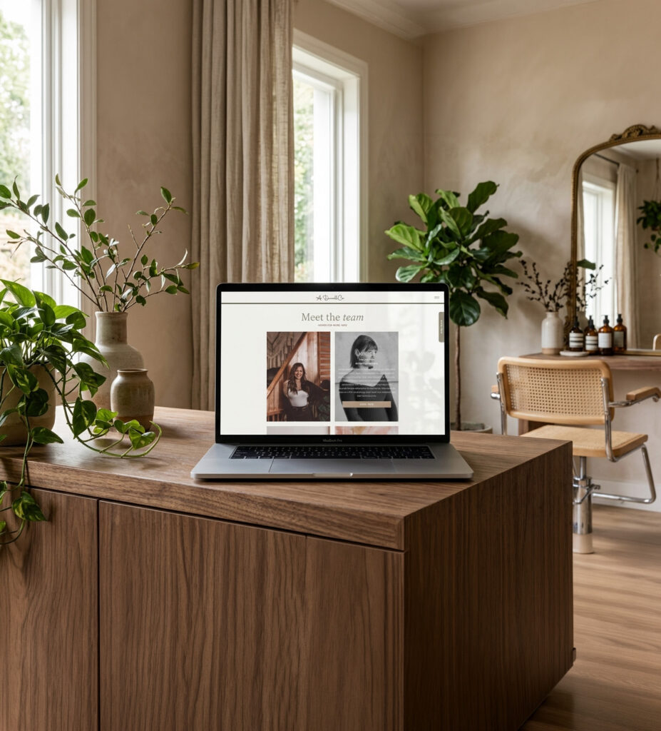 Bright, serene home office with a laptop displaying a magazine, surrounded by plants, wood furniture, sunlight, and a vintage mirror.