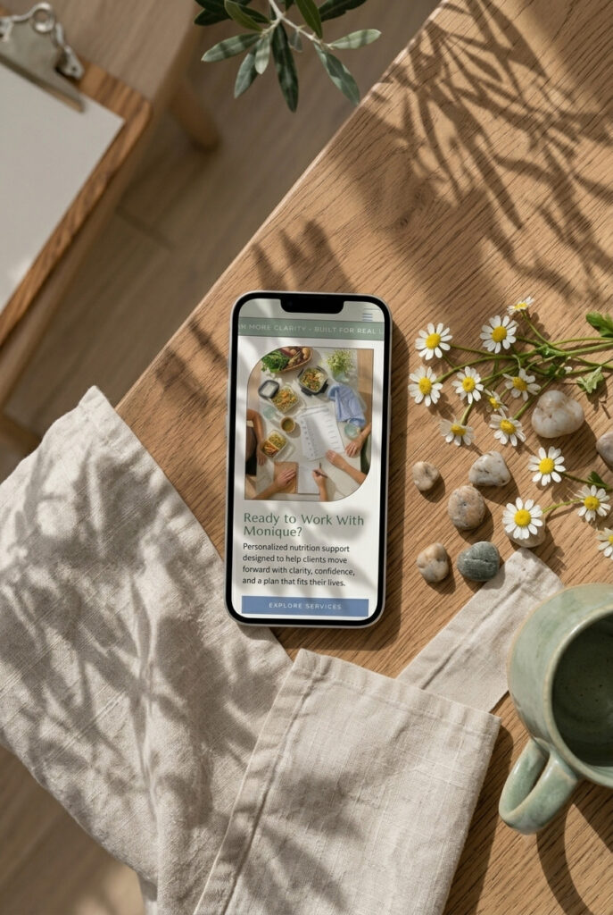 Sunlit wooden table with a phone displaying a wellness article, daisies and stones, linen cloth, green mug, and leafy shadows; calm mood.