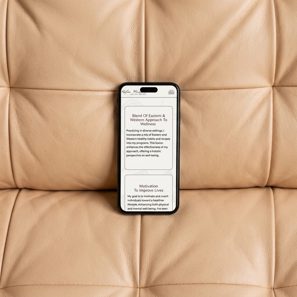 Smartphone displaying a wellness article rests on a tan leather sofa, creating a calm, minimalist scene with warm neutral tones.
