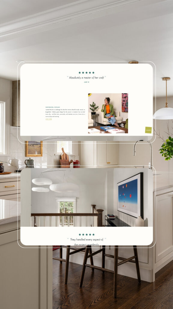 Bright, elegant kitchen with island, pendant lights, plants, and framed art, overlaid by two white testimonial cards with star ratings and photos.