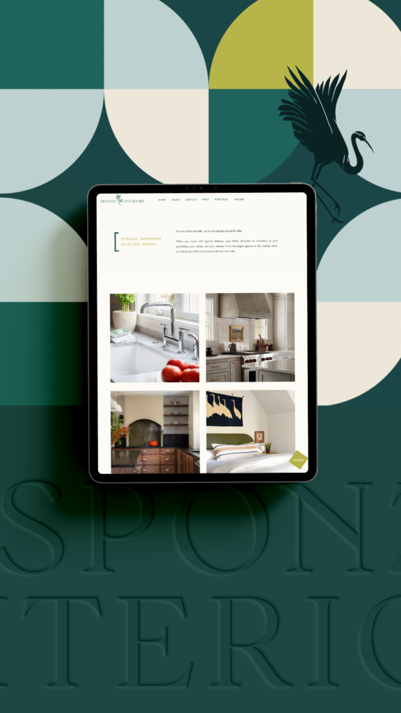 Tablet displaying a stylish home-interior website with four room photos, set against teal geometric shapes and a black crane silhouette; elegant mood.