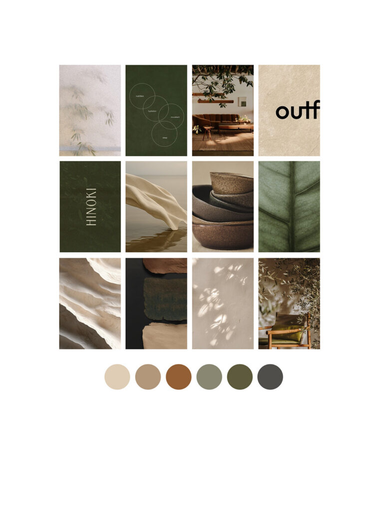 Earthy therapist mood board with 12 panels showing organic textures, furniture, foliage, abstract art, typography, and six neutral color swatches.