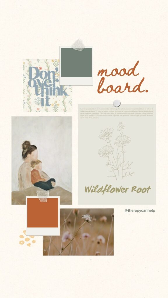 Mood board collage with botanical art, wildflower sketches, muted sage and terracotta swatches, nature photos, and the phrase “mood board.”