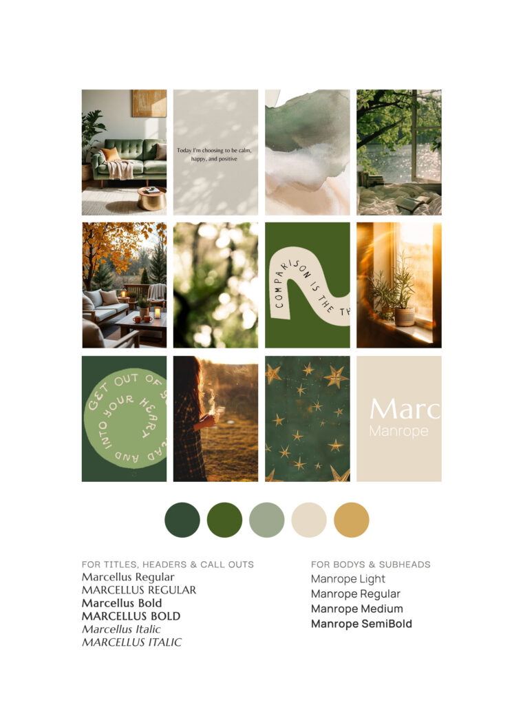 Mood board with forest, cozy interiors, plants, textures, stars, green and beige palette, inspirational quotes, and Marcellus typography samples.