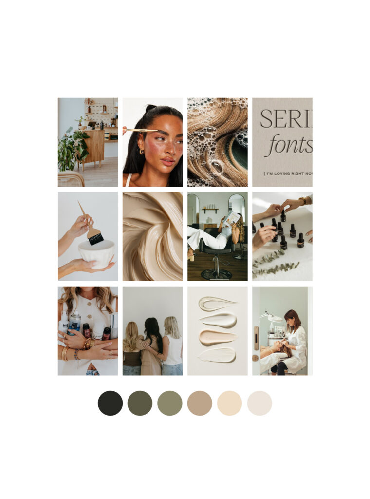 Neutral beauty and lifestyle mood board featuring skincare, makeup, salon scenes, flowing textures, a woman’s portrait, typography, and earthy color swatches.