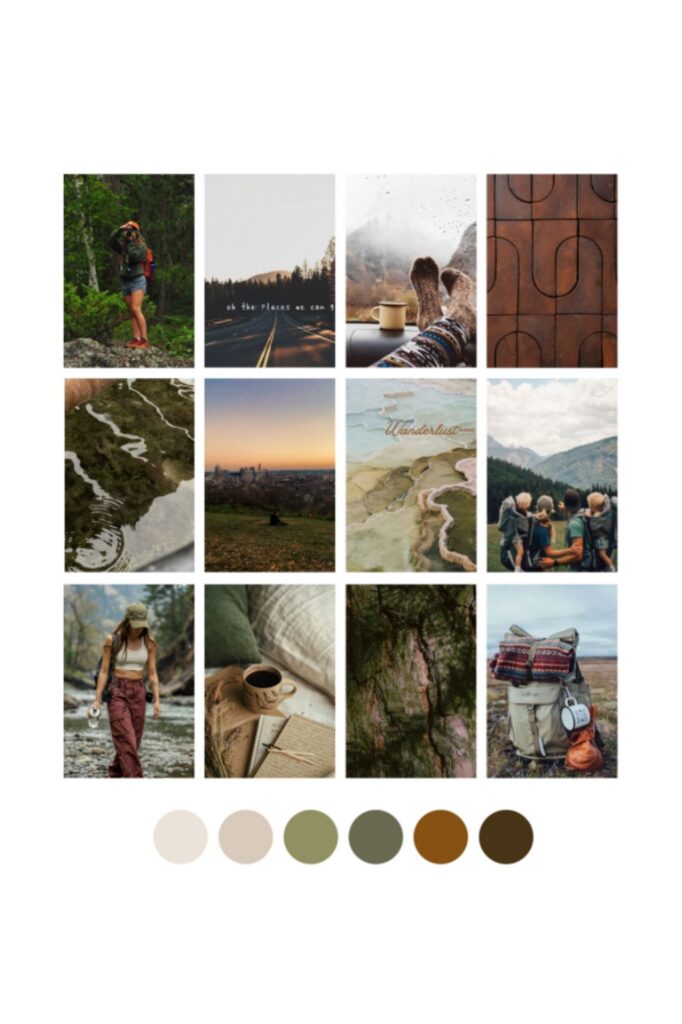 Travel mood board of hikers, misty mountain trails, river maps, cabin details, woven textiles, and earthy neutral color swatches.
