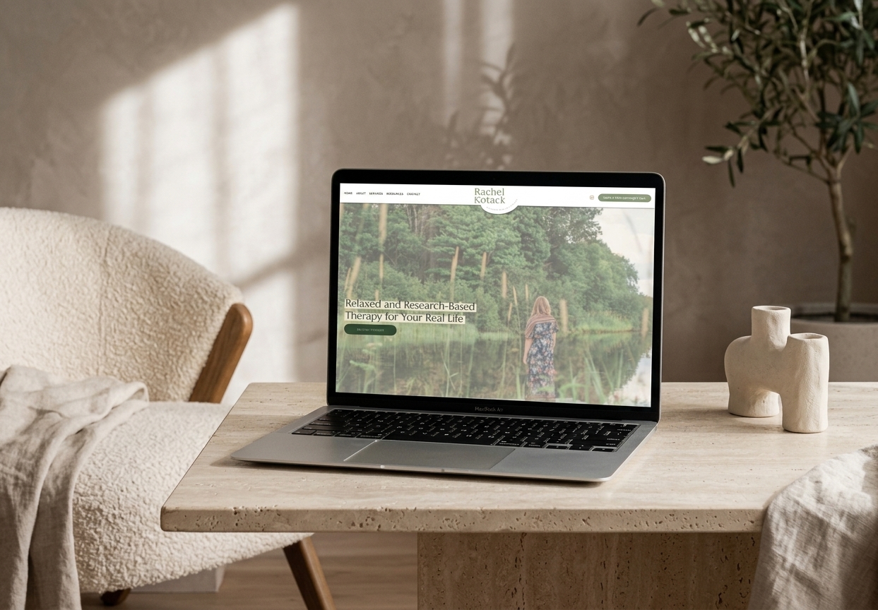 Laptop displaying a nature photography website on a wooden table in a cozy sunlit room, with a chair, blanket, plant, and ceramic vase.
