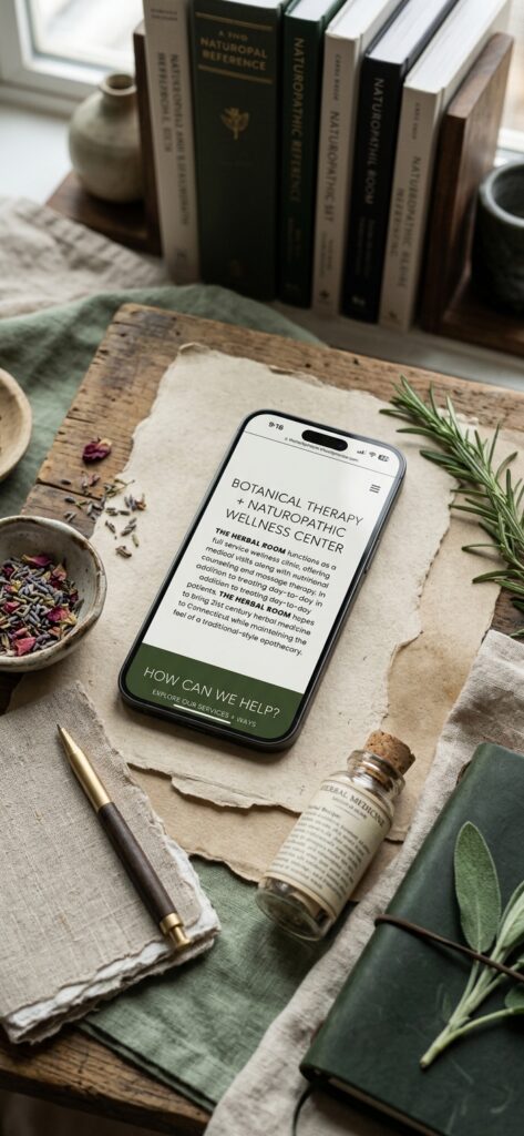 A smartphone displays a natural skincare article on a rustic wooden table, surrounded by herbs, dried flowers, a glass serum bottle, and a green journal for a calm, botanical mood.