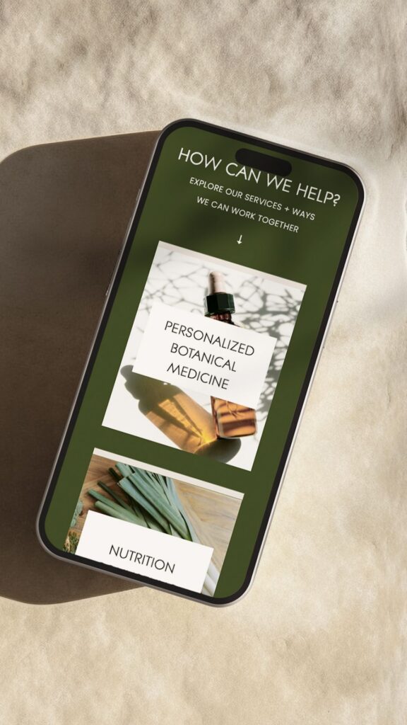 A smartphone displays a wellness page offering personalized botanical medicine and nutrition services, with plant imagery and a calm, earthy aesthetic.