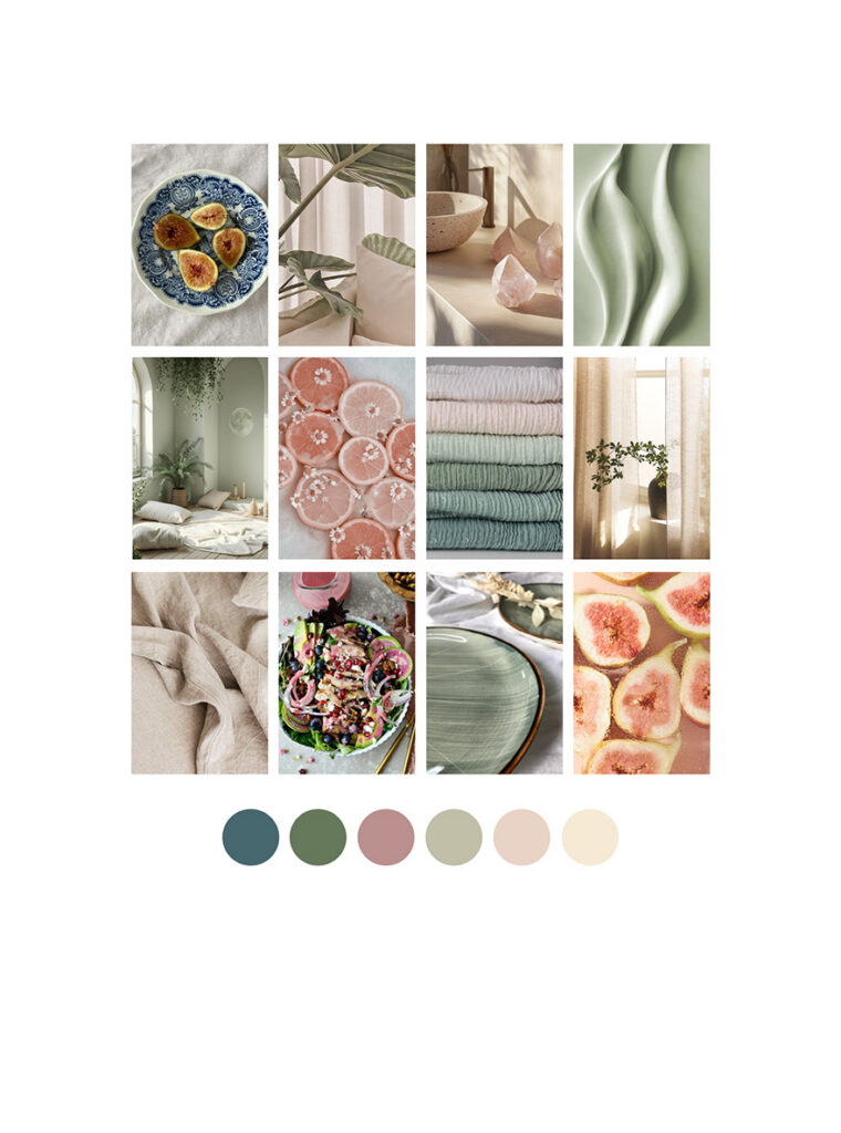 Neutral-toned mood board with botanical interiors, ceramics, textiles, florals, figs, and soft green, rose, beige, and cream color swatches.