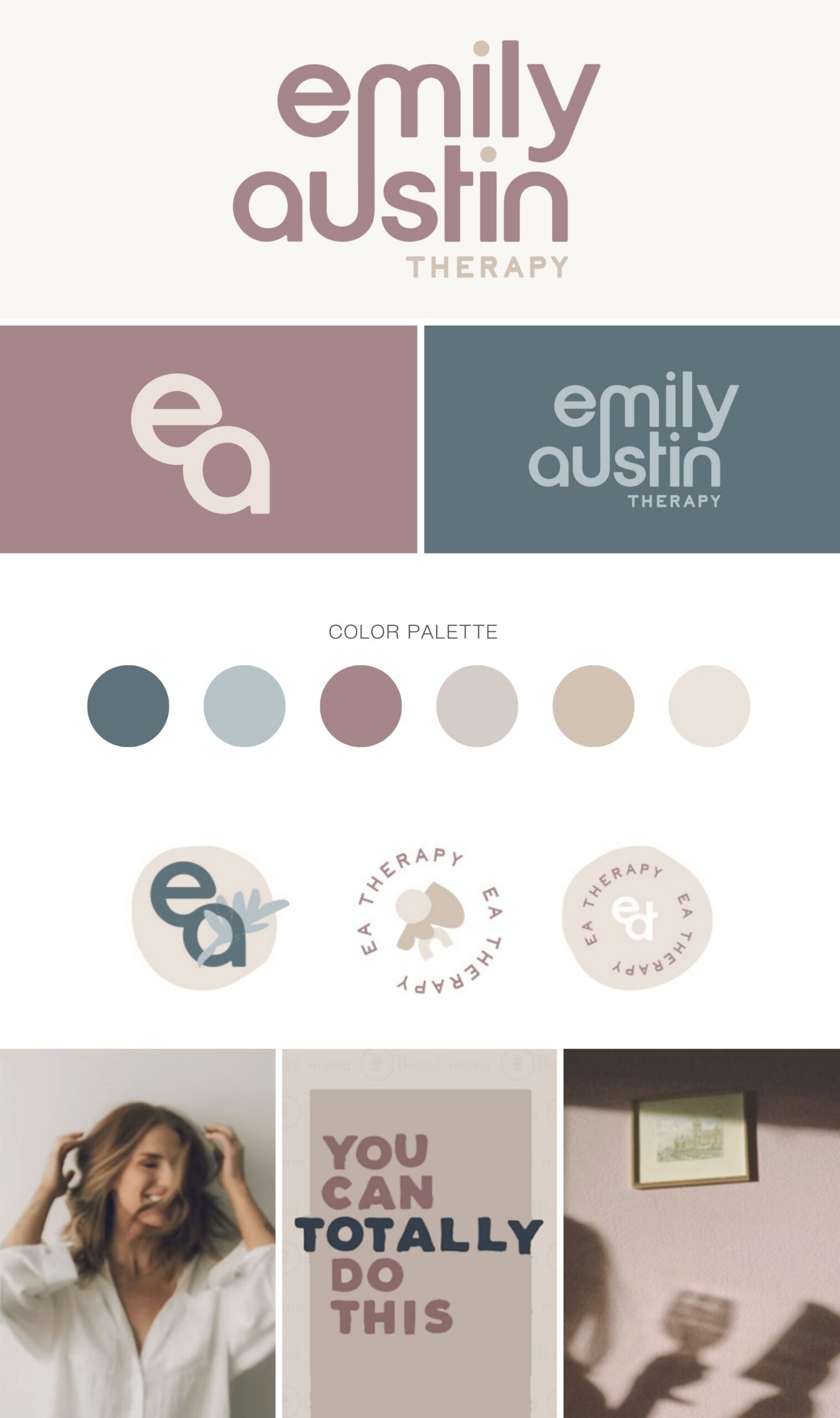 Emily Austin Therapy brand mood board with mauve and slate logos, neutral color palette, circular marks, and calming lifestyle imagery.