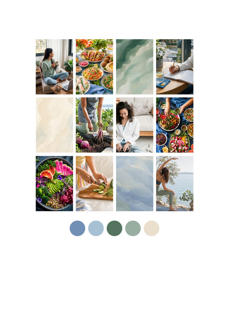 Wellness mood board with women, healthy colorful meals, gardening, meditation, ocean scenery, organic textures, and calming blue-green tones.