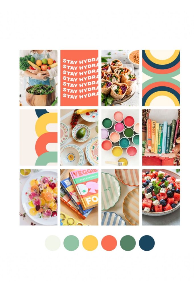 Colorful 12-panel collage featuring fresh produce, healthy meals, abstract patterns, cosmetics, books, crafts, fruit, and coordinating color swatches.