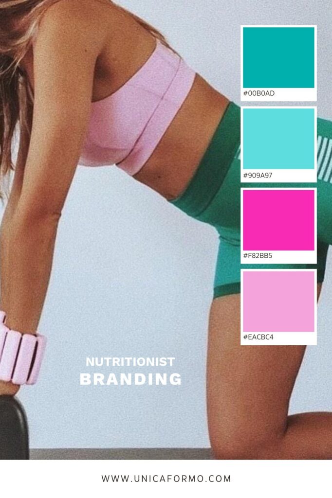 Fitness branding image of a woman in pink sportswear and green shorts exercising, with teal and pink color swatches and “Nutritionist Branding” text.