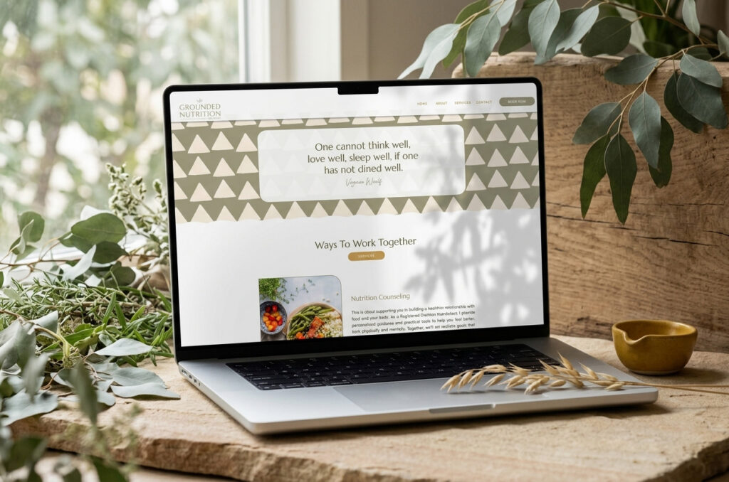 Laptop displaying a calming wellness website with botanical graphics and “Ways to Work Together” text, surrounded by eucalyptus, wood, and a bowl.