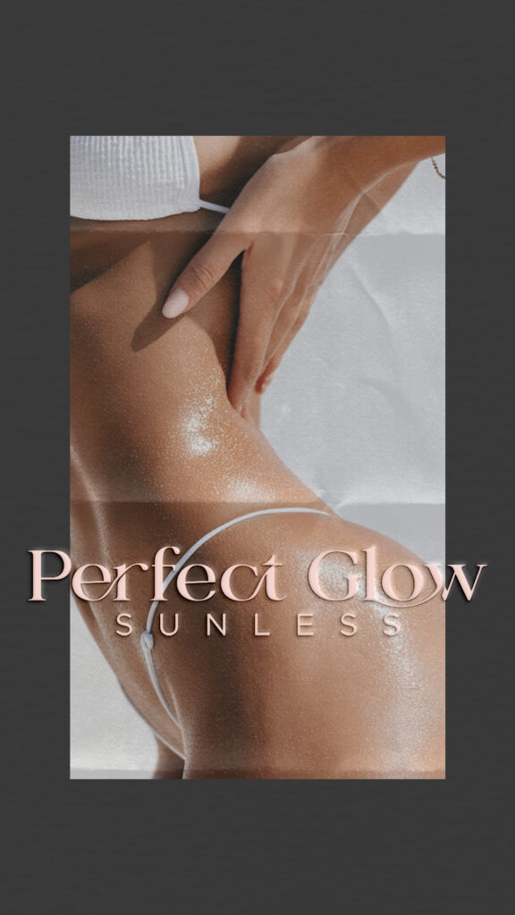 Close-up of hands smoothing glowing, sun-kissed skin on a woman’s shoulder and back, with “Perfect Glow Sunless” text creating a polished beauty-ad tone.