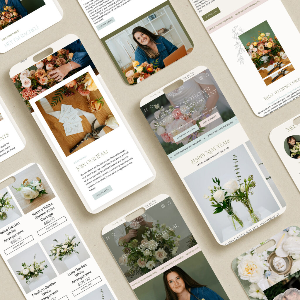 Collage of elegant floral wedding website and social media templates on a beige background, featuring bouquets, wedding details, and smiling women.