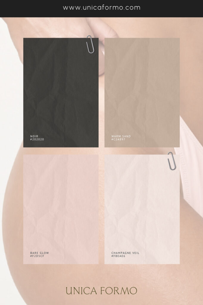 color palette: four textured swatches in charcoal, taupe, blush, and ivory on a soft beige background.