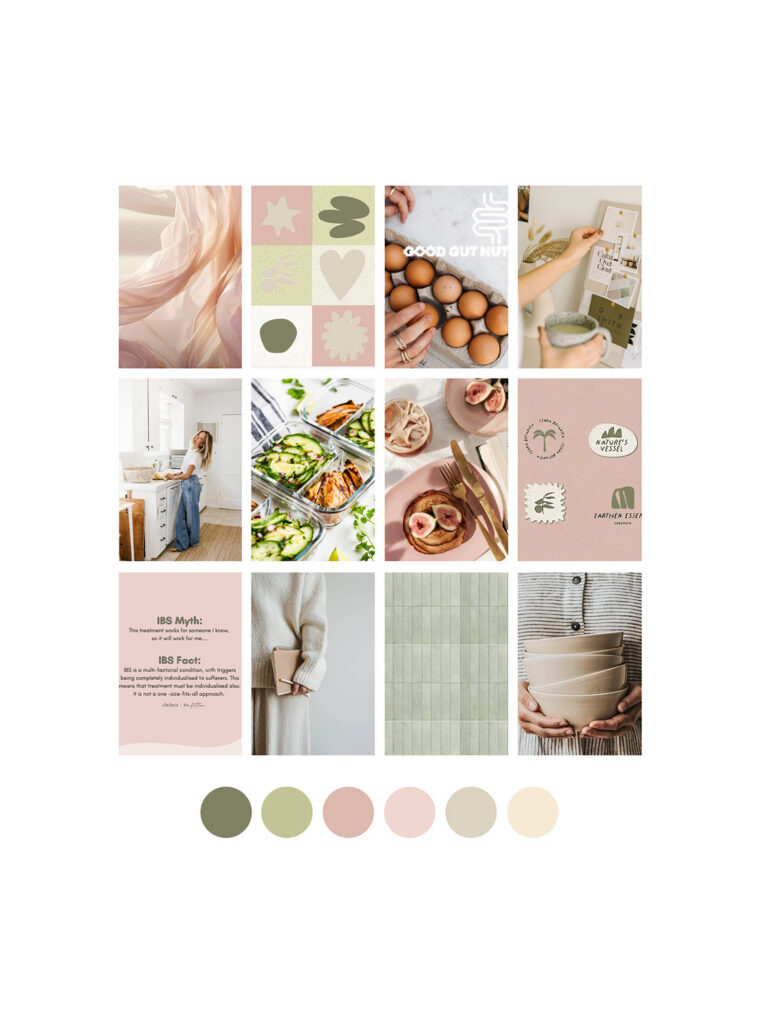 Pastel mood board featuring soft fashion, colorful abstract shapes, healthy meals, home interiors, ceramics, plants, and calming neutral tones.