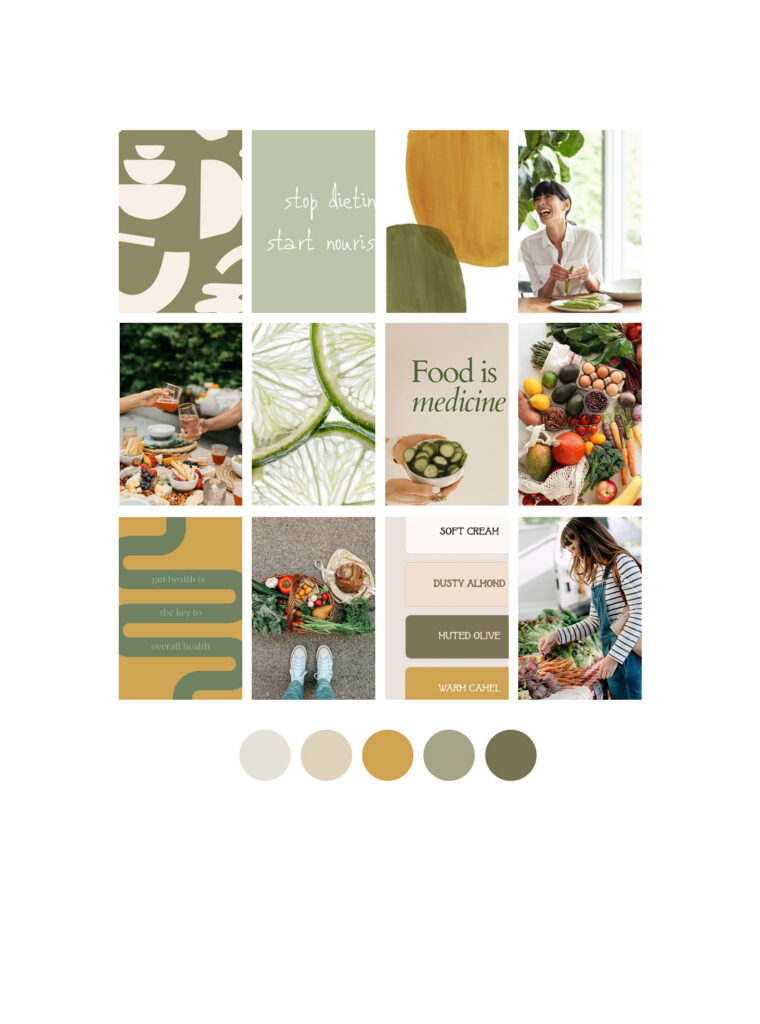 Healthy eating mood board with fresh produce, cooking scenes, leafy textures, “food is medicine” text, and soft earthy green, gold, and cream tones.
