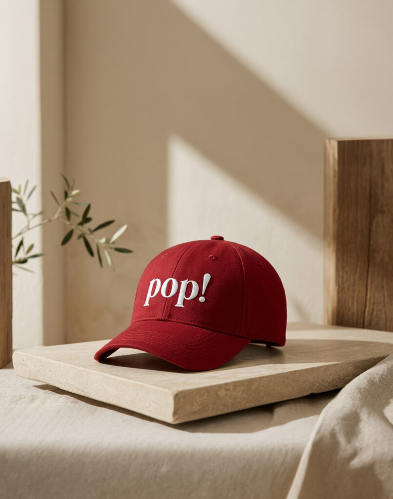 Red “pop!” baseball cap rests on a stone tray in warm sunlight, with a leafy branch and wood panel creating a cozy, minimalist mood.