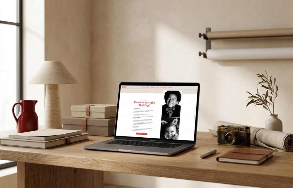 Warm home office with a laptop displaying a personal growth webpage, surrounded by books, lamp, camera, pen, and vase; calm, creative mood.
