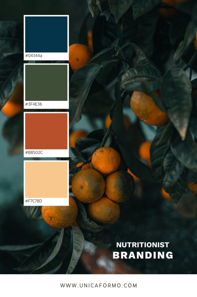 Moody nutritionist branding board featuring orange citrus fruit, dark green leaves, four color swatches, and the Unicaformo website URL.