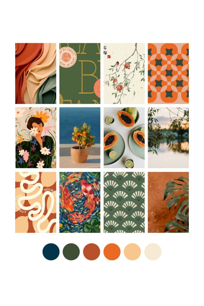 Mood board collage featuring botanical art, abstract patterns, fruit, fashion-inspired textures, coastal imagery, and a warm earthy palette of teal, green, orange, coral, and cream.