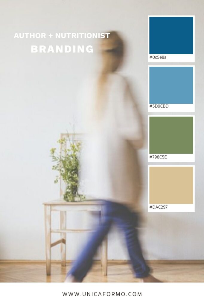 Blurred person walks past a plant and console table in a bright room; “AUTHOR + NUTRITIONIST BRANDING” and a calm blue-green palette.