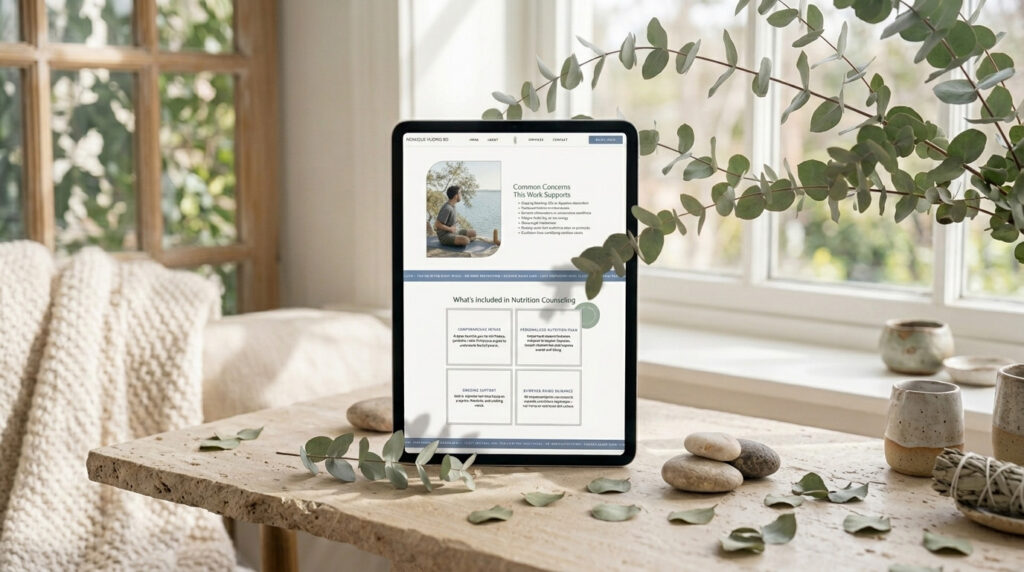 Tablet displaying a wellness website on a rustic wooden table, surrounded by eucalyptus leaves and stones in a bright, serene room.