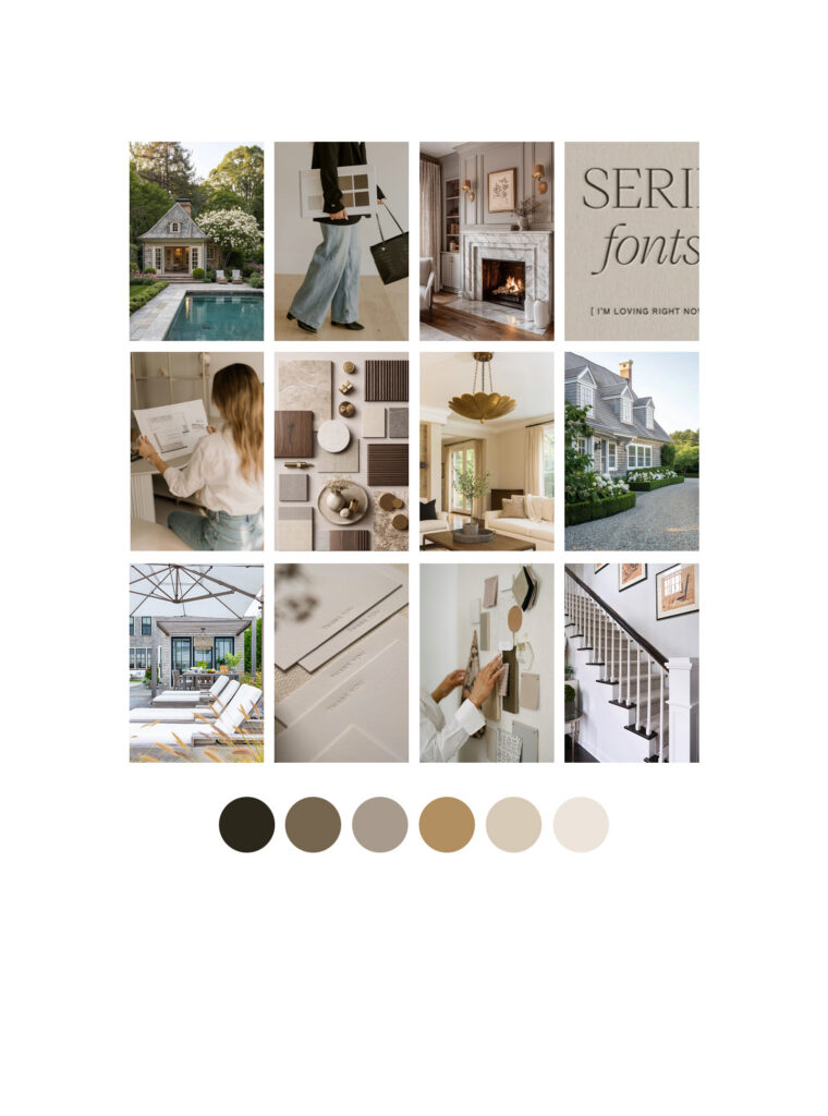 Neutral interior design mood board with elegant homes, fireplaces, furniture, staircases, textures, typography, and six warm earth-tone swatches.