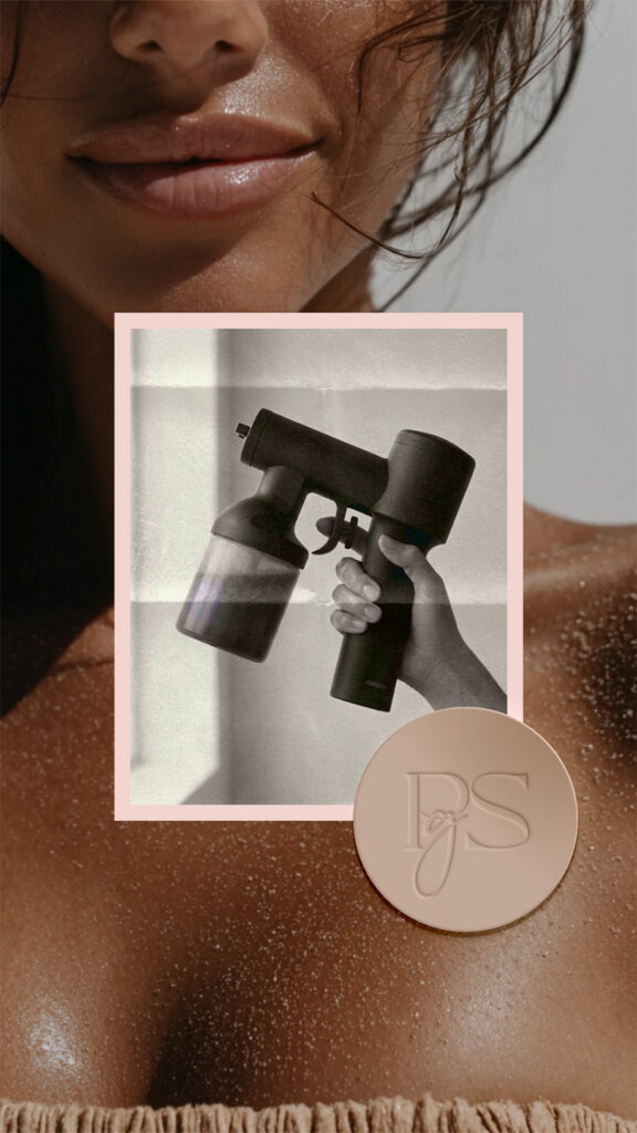 Close-up of a woman’s lips, loose hair, and glowing shoulder beside a pink-framed image of hands holding a dark perfume bottle, with a soft, sensual tone.