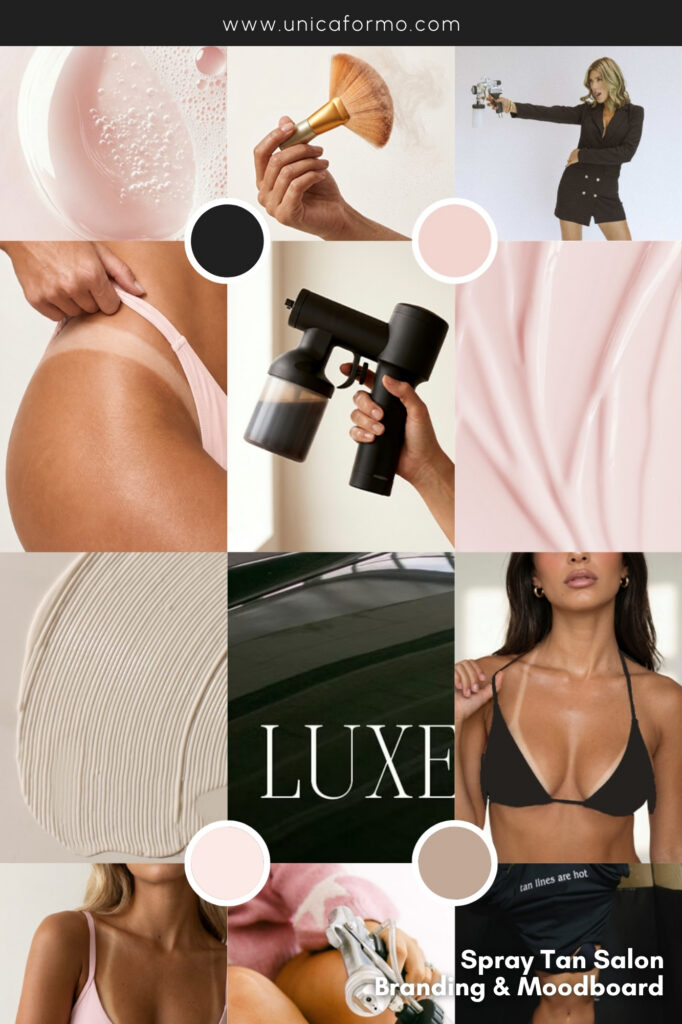 Beauty and wellness collage featuring skincare, makeup brush, hair dryer, salon styling, textured fabrics, and confident women in a luxe mood.