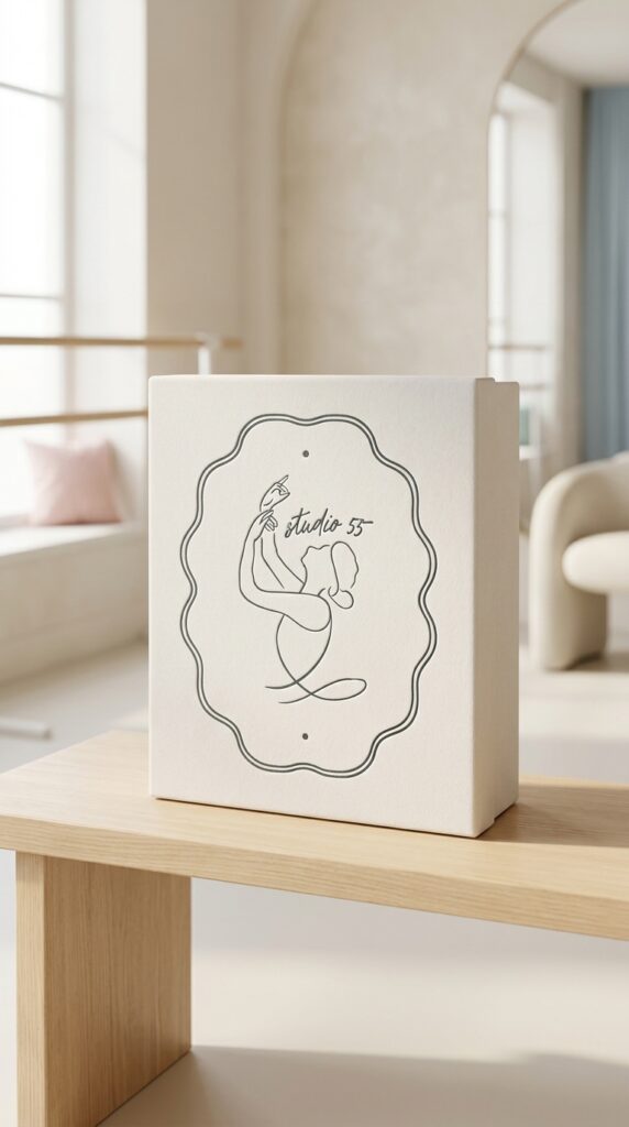 Minimalist cream book or box with delicate line-art woman and script, displayed on a light wood table in a bright, serene room.
