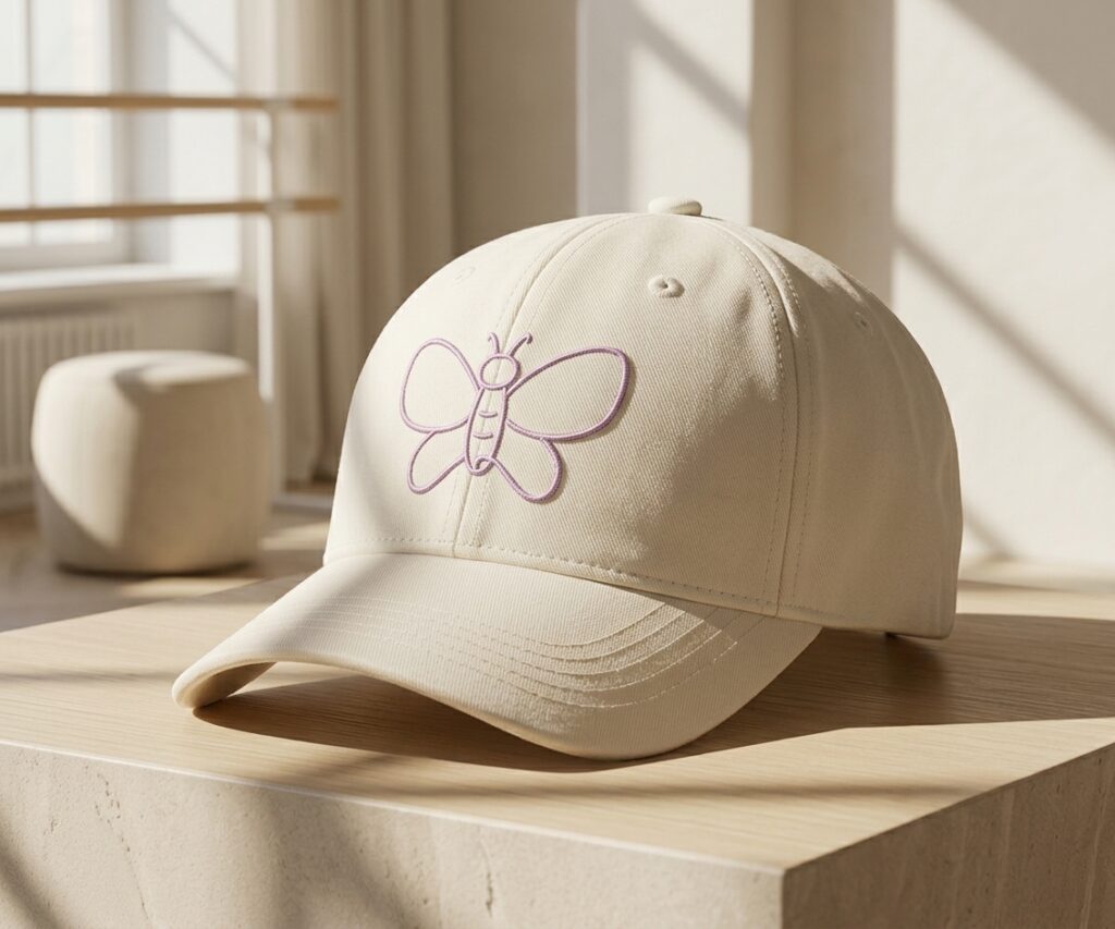 Cream baseball cap with a delicate pink butterfly design rests on a wooden pedestal by a window, bathed in warm sunlight and creating a serene mood.