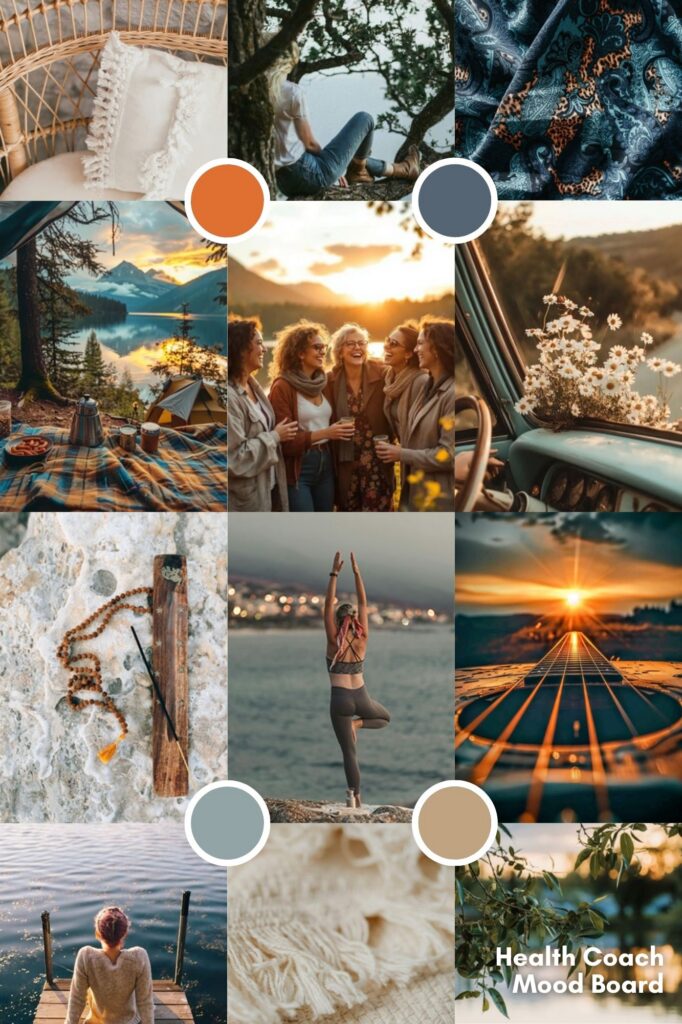 A wellness mood-board collage blends nature, travel and relaxation: friends laugh at sunset, a woman stretches by the sea, and cozy textiles, mountains and warm light evoke calm.