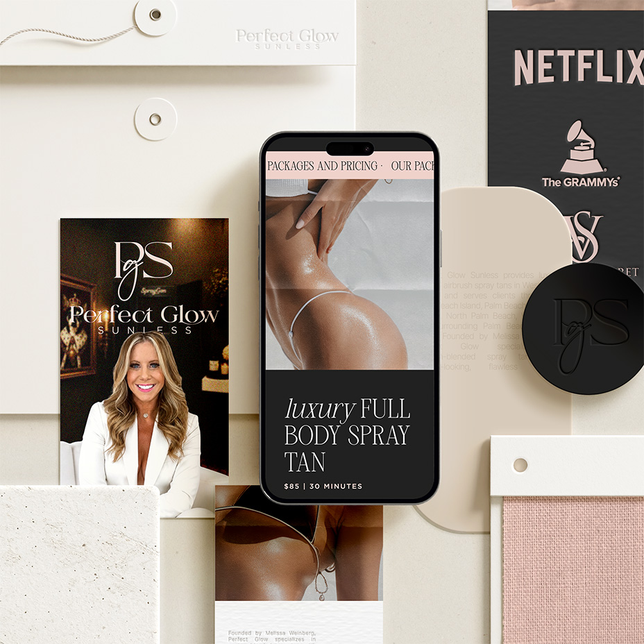 Luxury beauty collage featuring Perfect Glow Sunless tanning products, a body spray tan phone ad, smiling woman, sunglasses, and Netflix and Grammy logos.