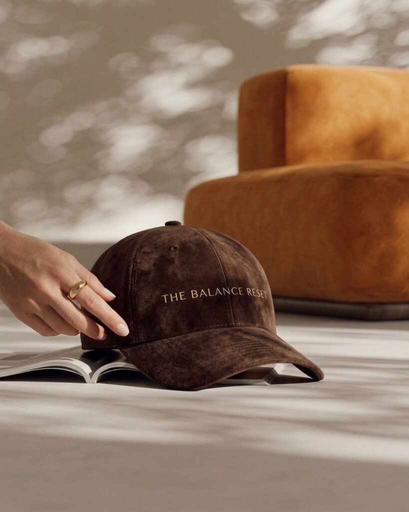 A hand with a gold ring points to a brown cap reading “THE BALANCE RESET,” resting on an open book in a calm, sunlit room.