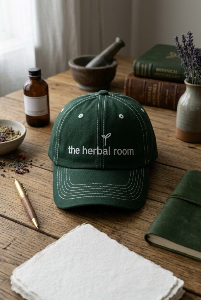A forest-green cap embroidered “the herbal room” rests on a wooden table among dried herbs, a mortar, books, lavender, and a tincture bottle, creating a calm apothecary mood.