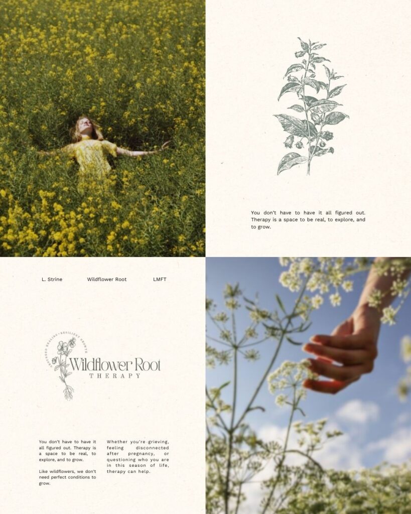 Botanical collage for “Wildflower Root Therapy”: woman in yellow wildflowers, plant sketch, poetic text, and hand touching white blossoms.