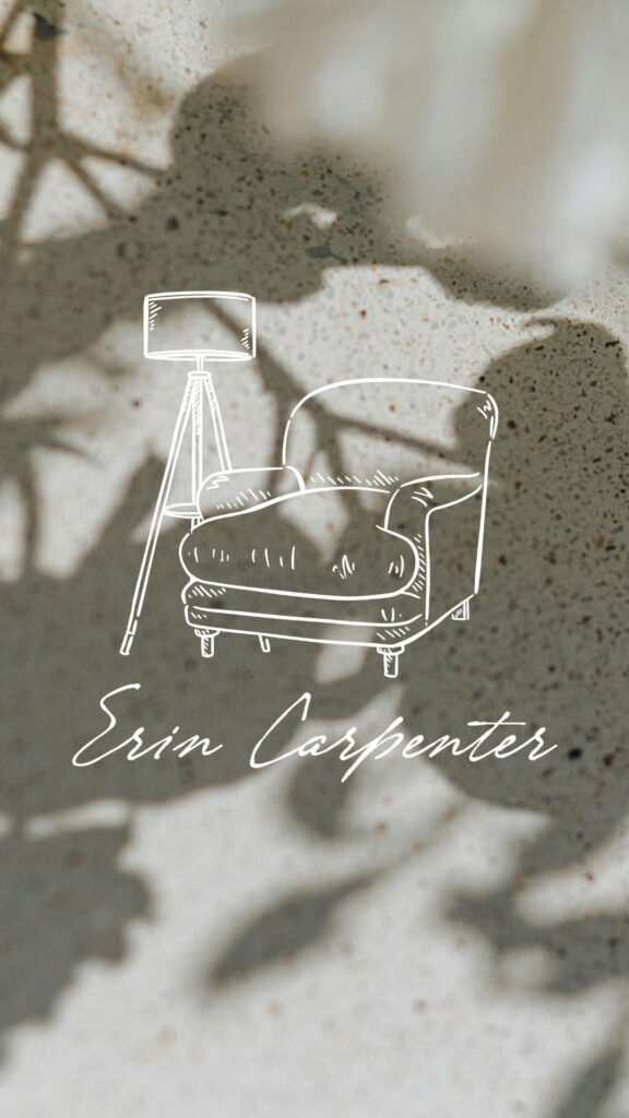 Vintage beige textured poster with leafy shadows, white line art of an armchair and floor lamp, and elegant script reading “Erin Carpenter.”
